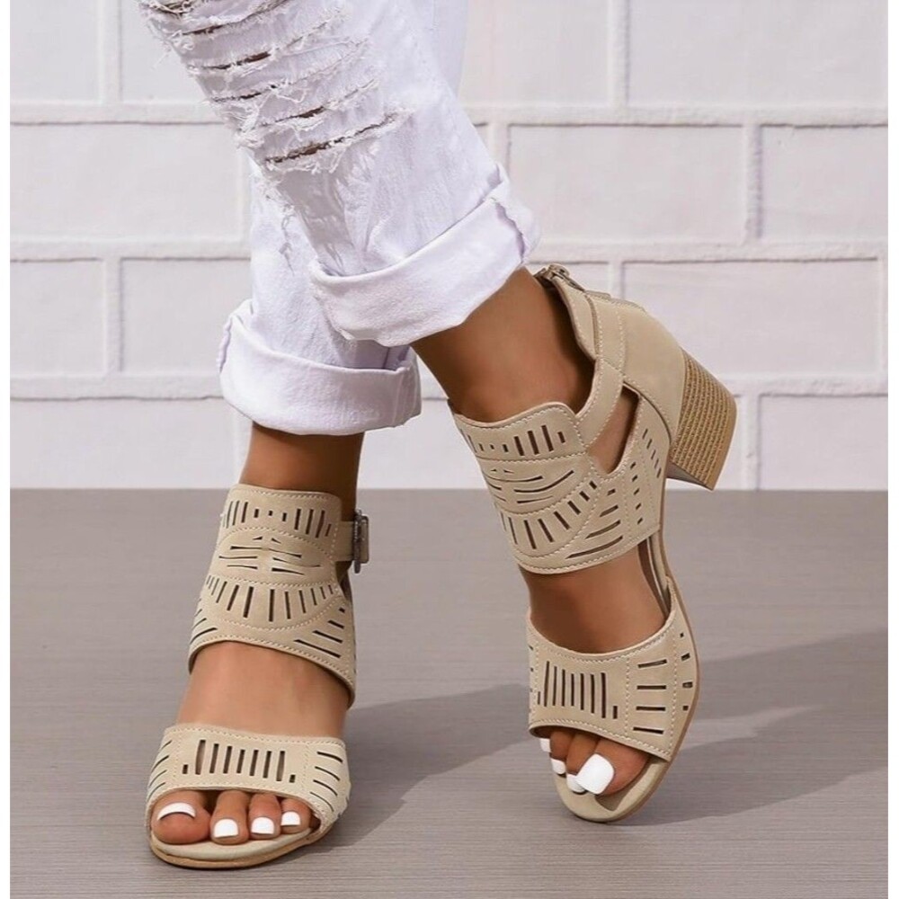 Khaki Tan Peep Shootie Open Toe Perforated Sandals Cutout Block Heels Sz 11 NEW